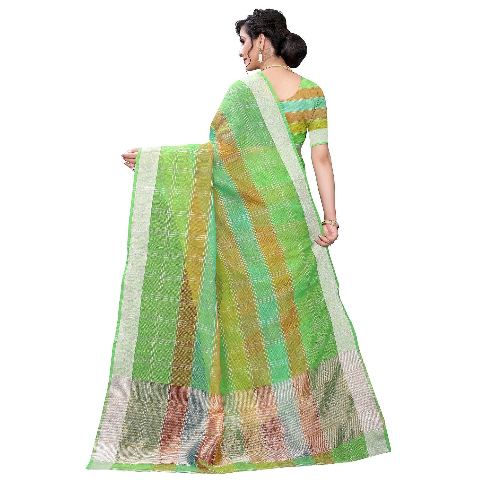 Green Casual Wear Checks Printed Silk Saree With Border - Peachmode