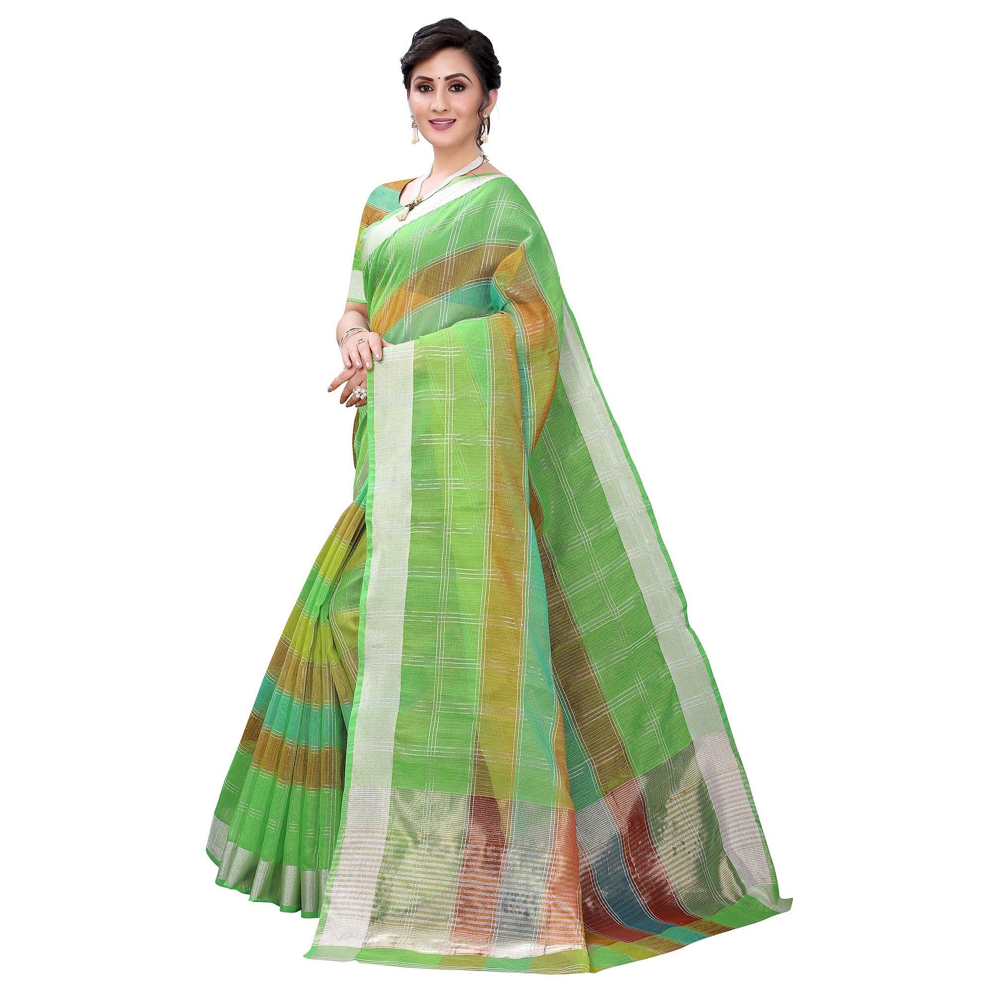 Green Casual Wear Checks Printed Silk Saree With Border - Peachmode