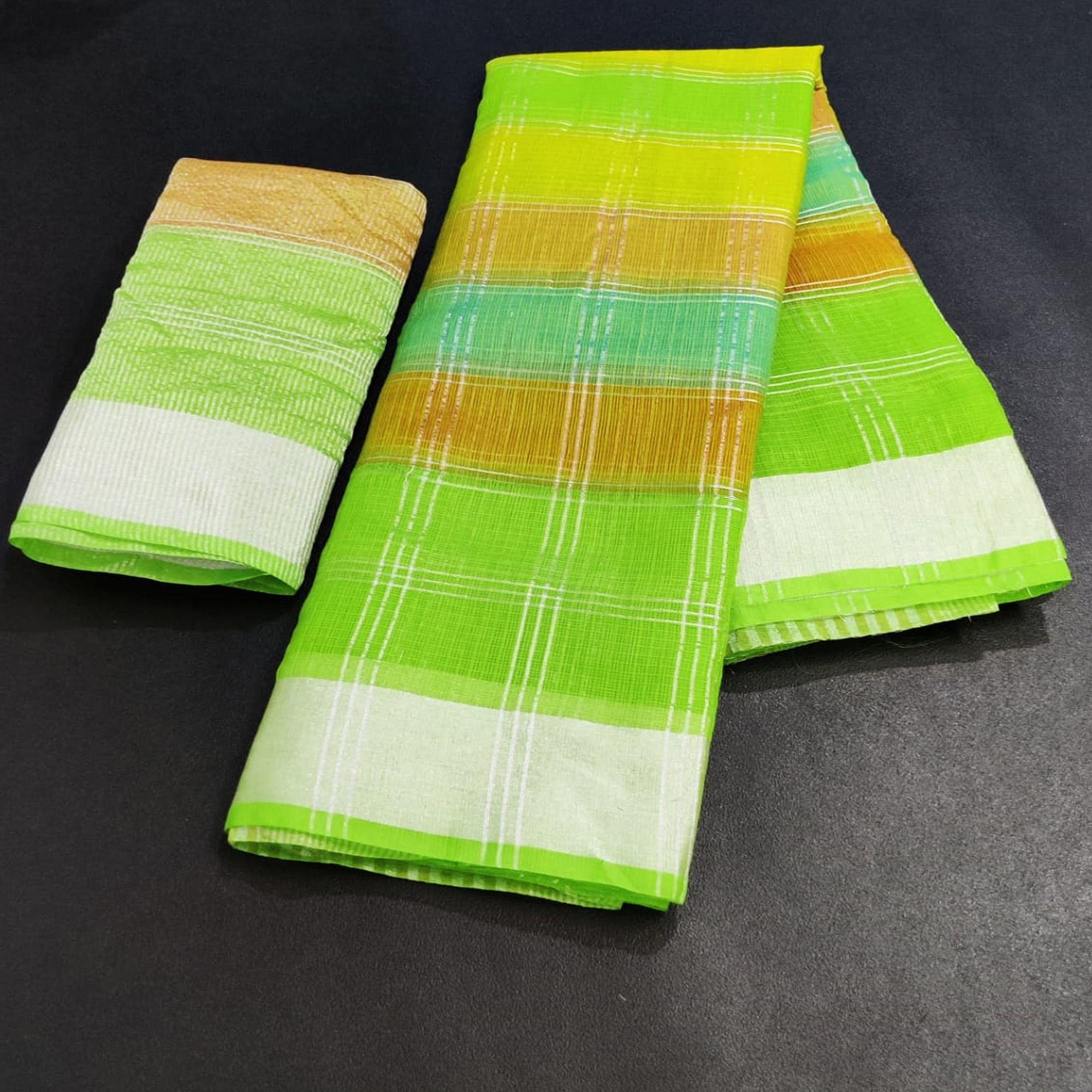Green Casual Wear Checks Printed Silk Saree With Border - Peachmode
