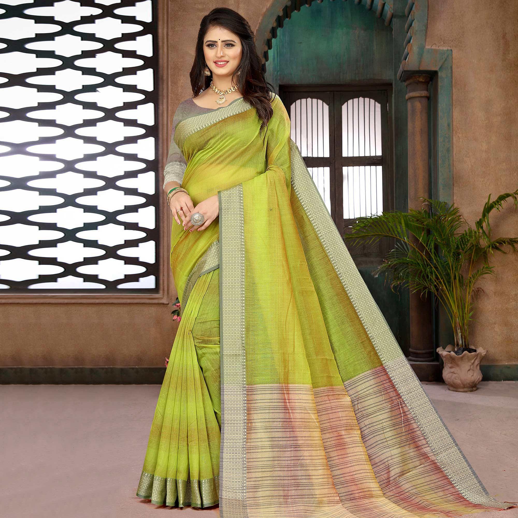 Green Casual Wear Cotton Saree With Woven Border - Peachmode