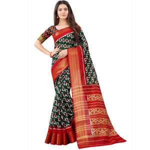 Green Casual Wear Designer Hand Block Printed Cotton Linen Saree - Peachmode