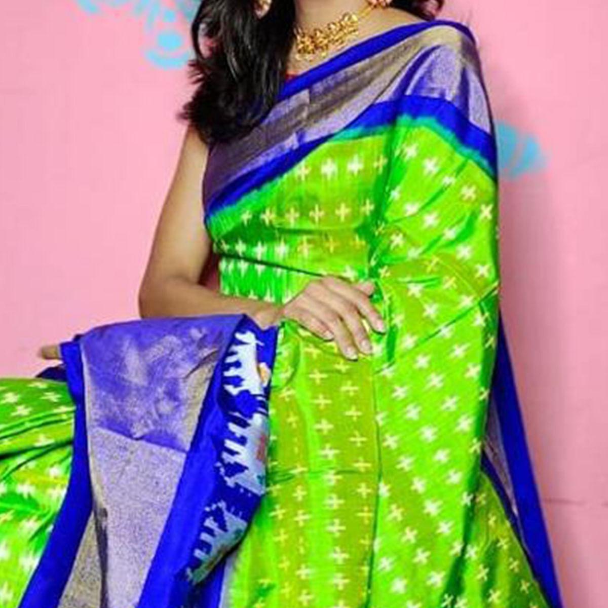 Green Casual Wear Designer Hand Block Printed Cotton Linen Saree - Peachmode