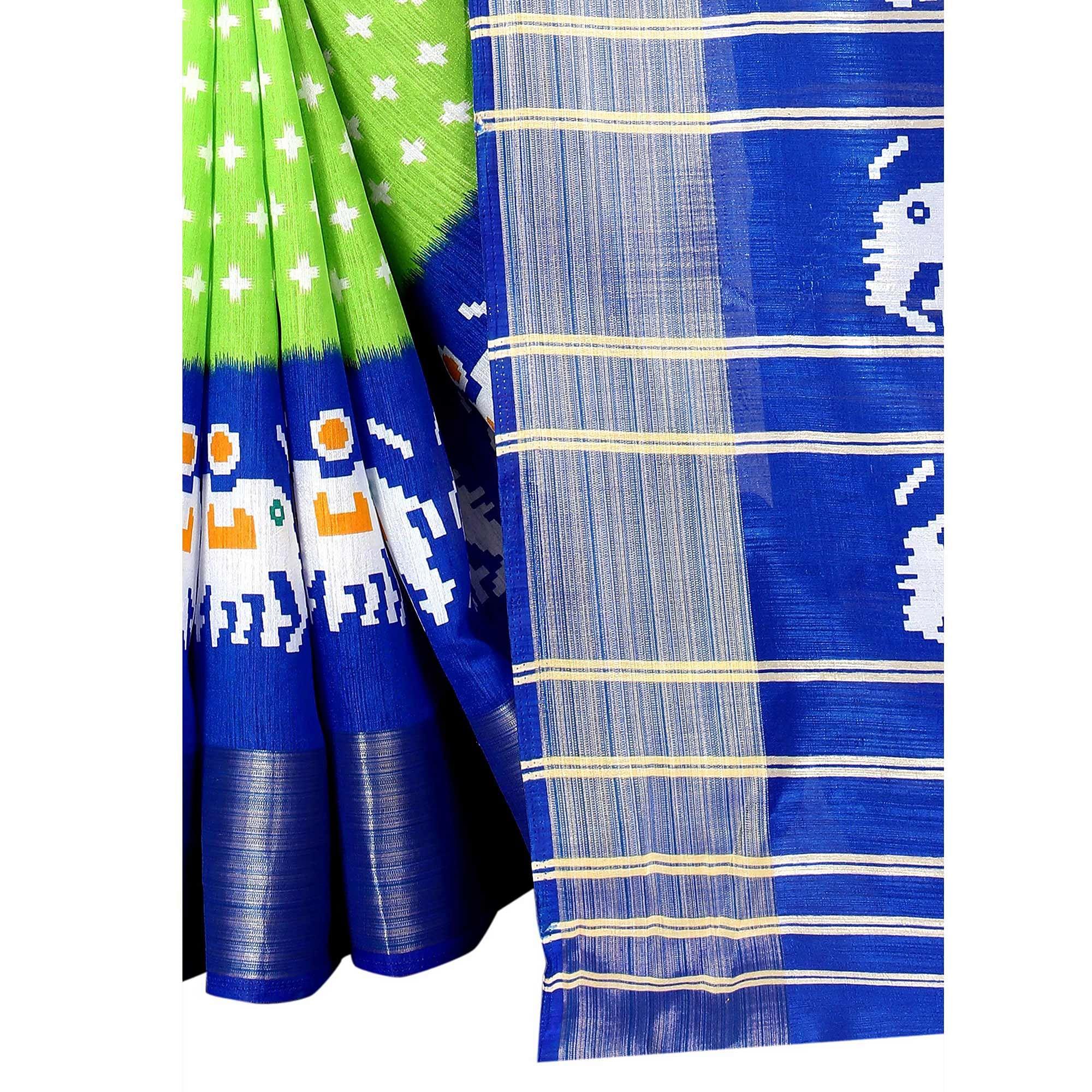 Green Casual Wear Designer Hand Block Printed Cotton Linen Saree - Peachmode