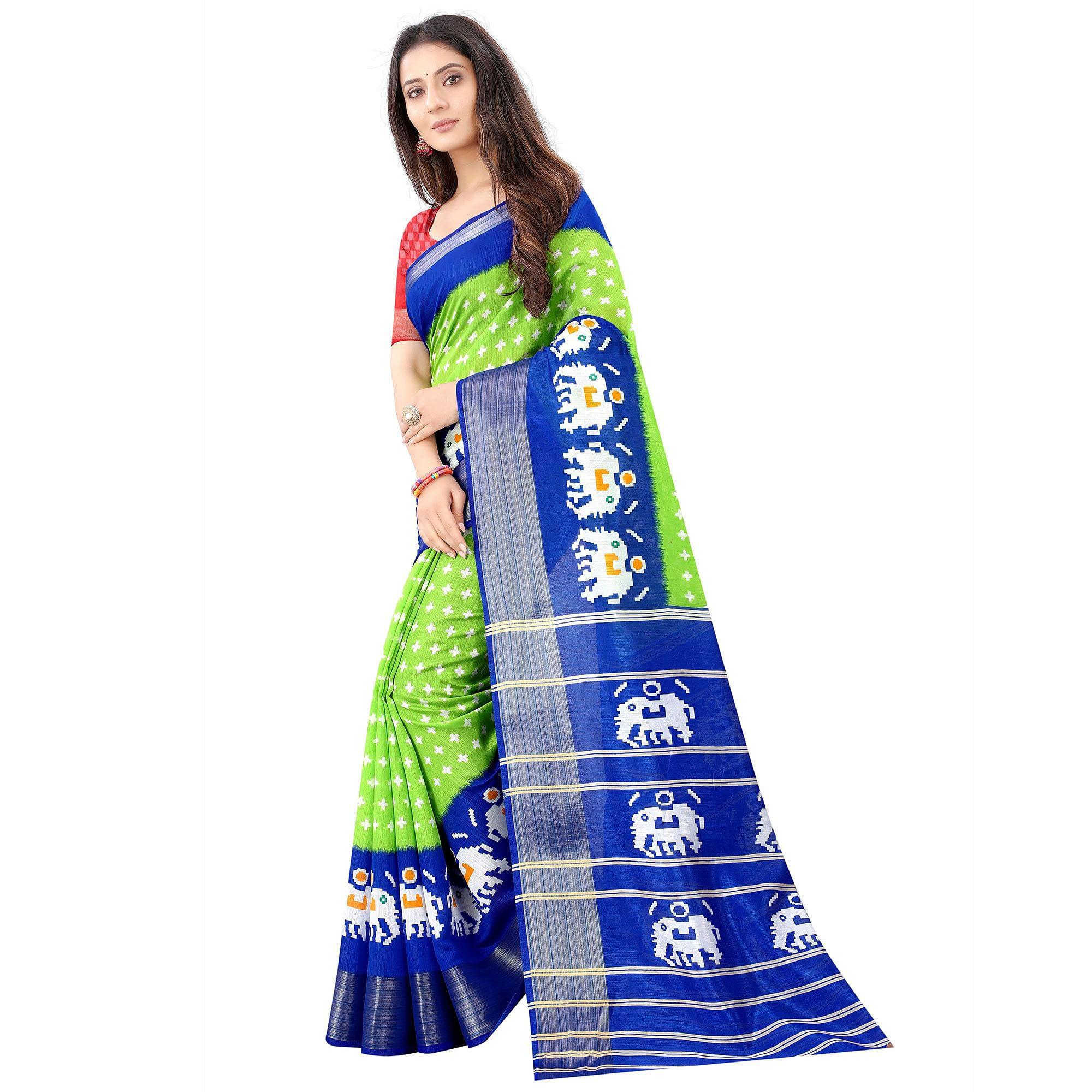 Green Casual Wear Designer Hand Block Printed Cotton Linen Saree - Peachmode