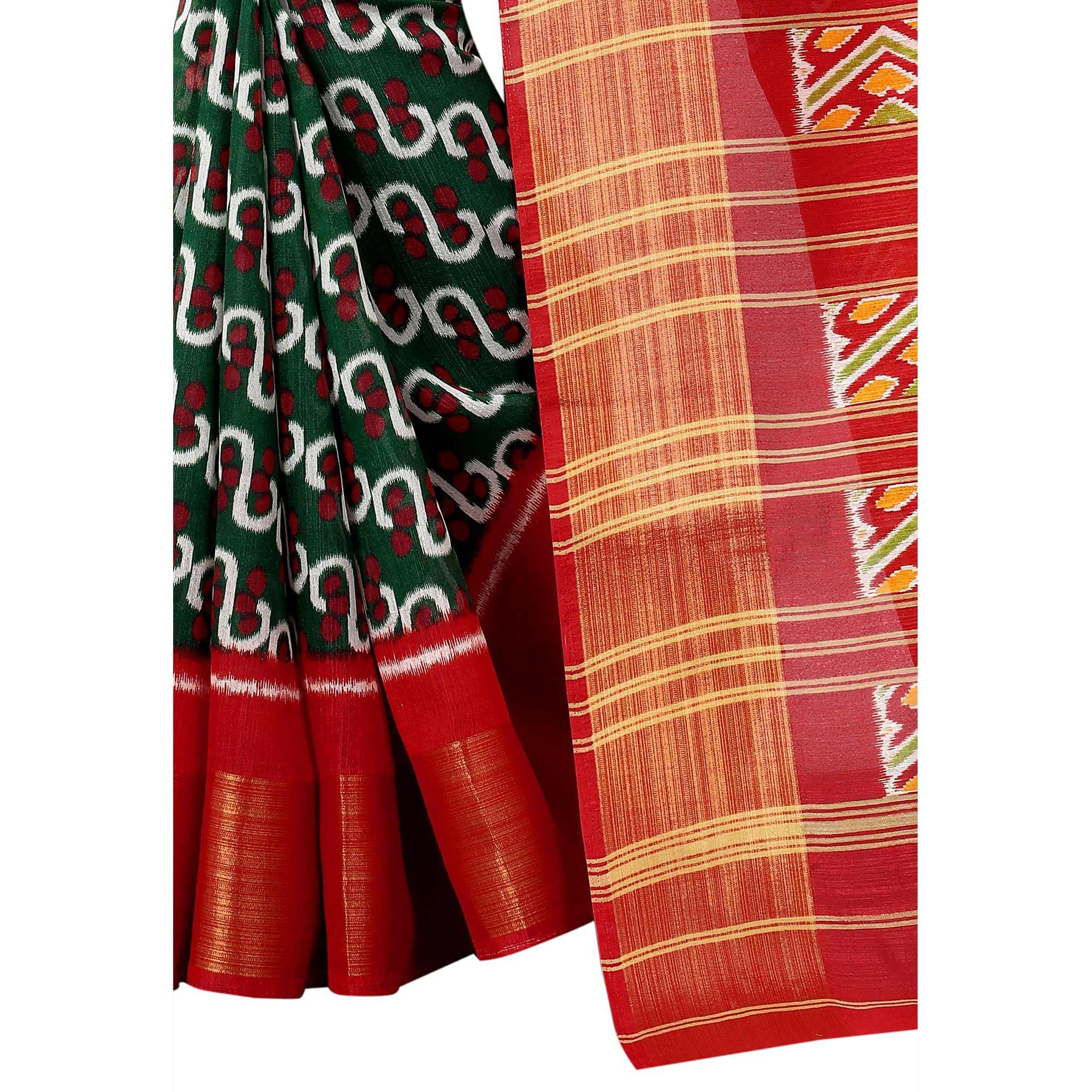 Green Casual Wear Designer Hand Block Printed Cotton Linen Saree - Peachmode