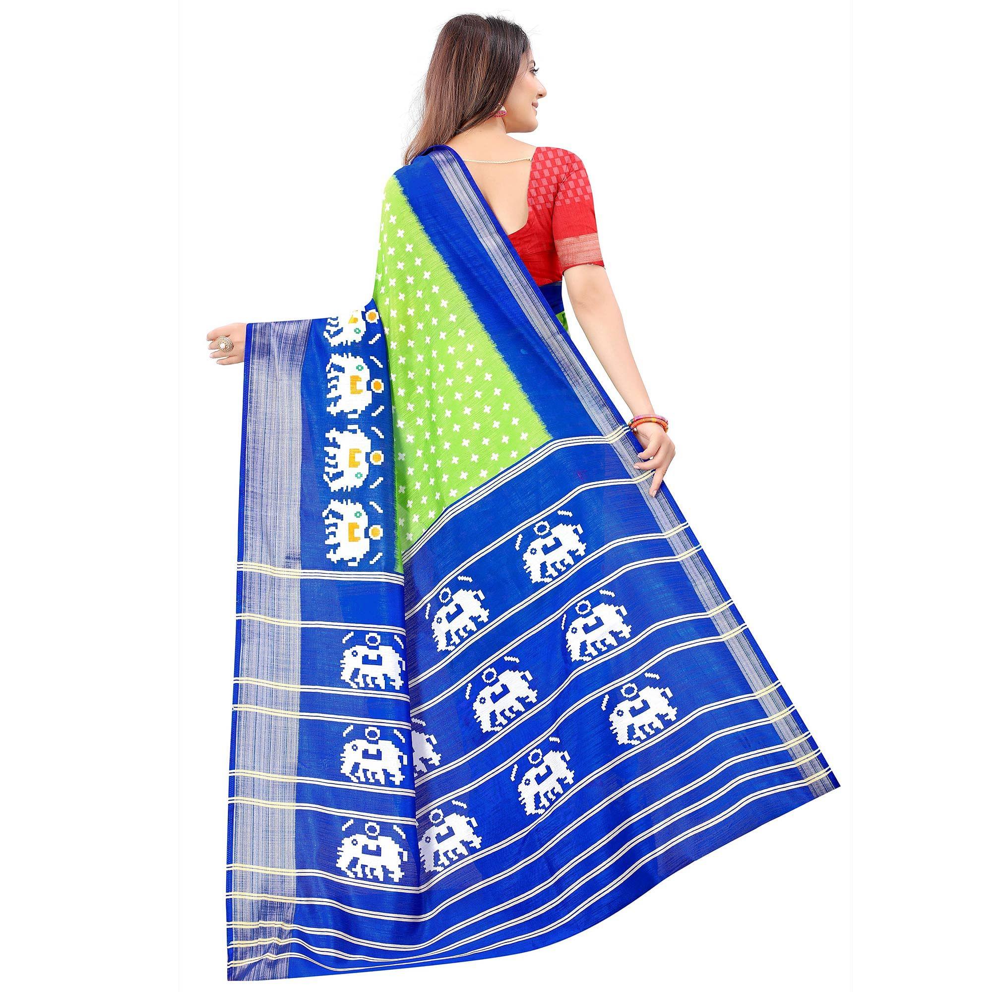 Green Casual Wear Designer Hand Block Printed Cotton Linen Saree - Peachmode