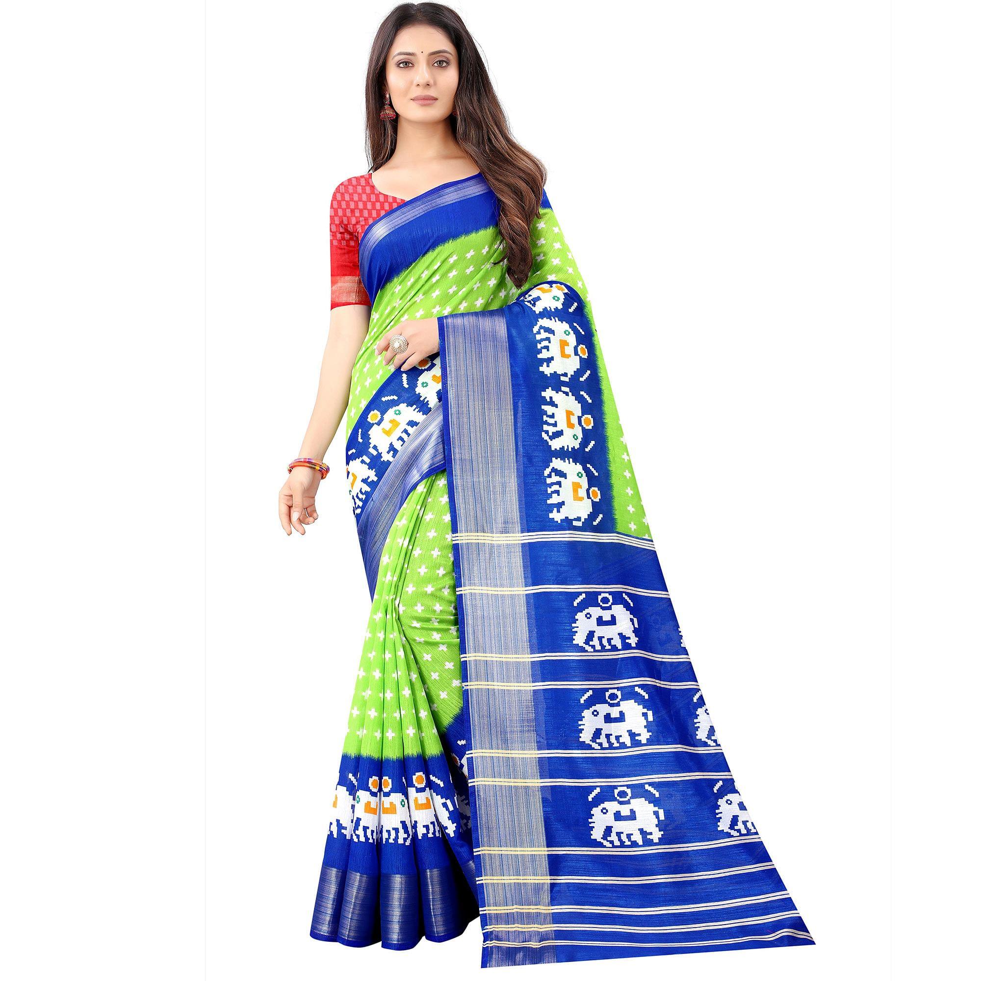 Green Casual Wear Designer Hand Block Printed Cotton Linen Saree - Peachmode