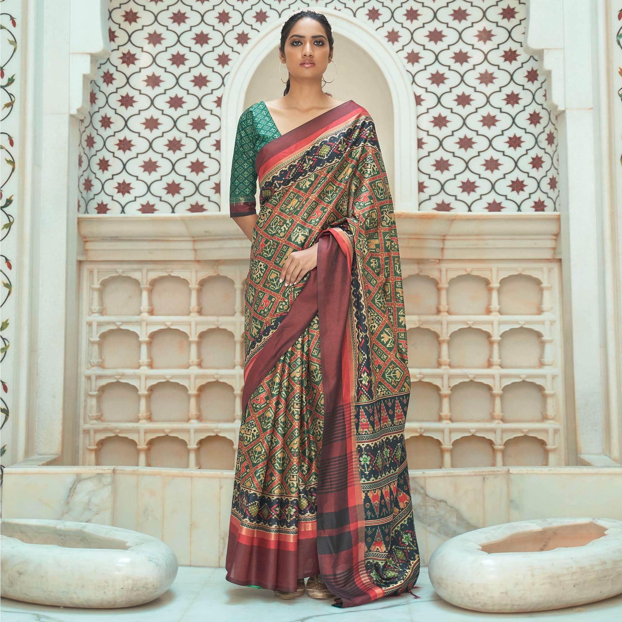 Green Casual Wear Digital Printed Assam Silk Saree - Peachmode