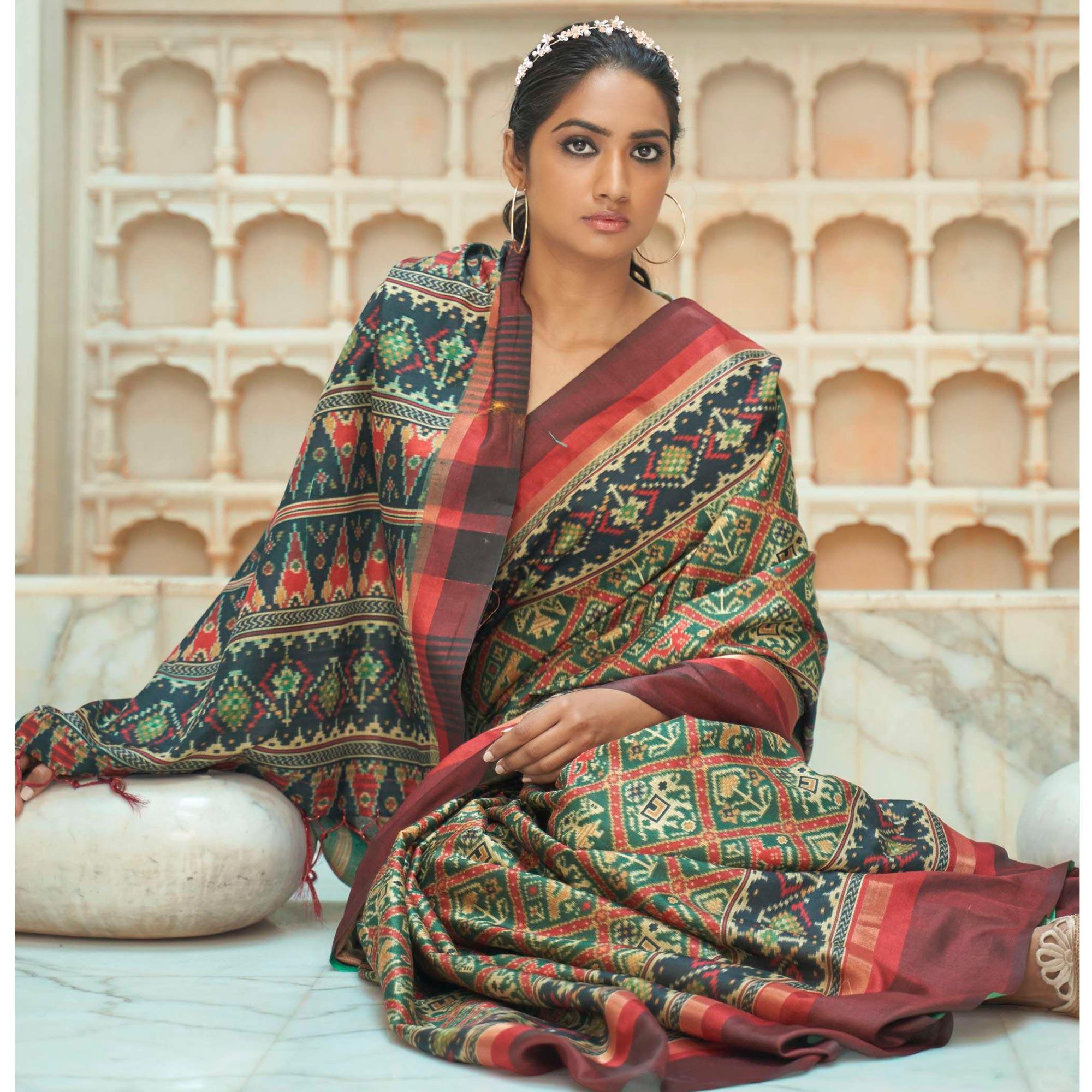 Green Casual Wear Digital Printed Assam Silk Saree - Peachmode