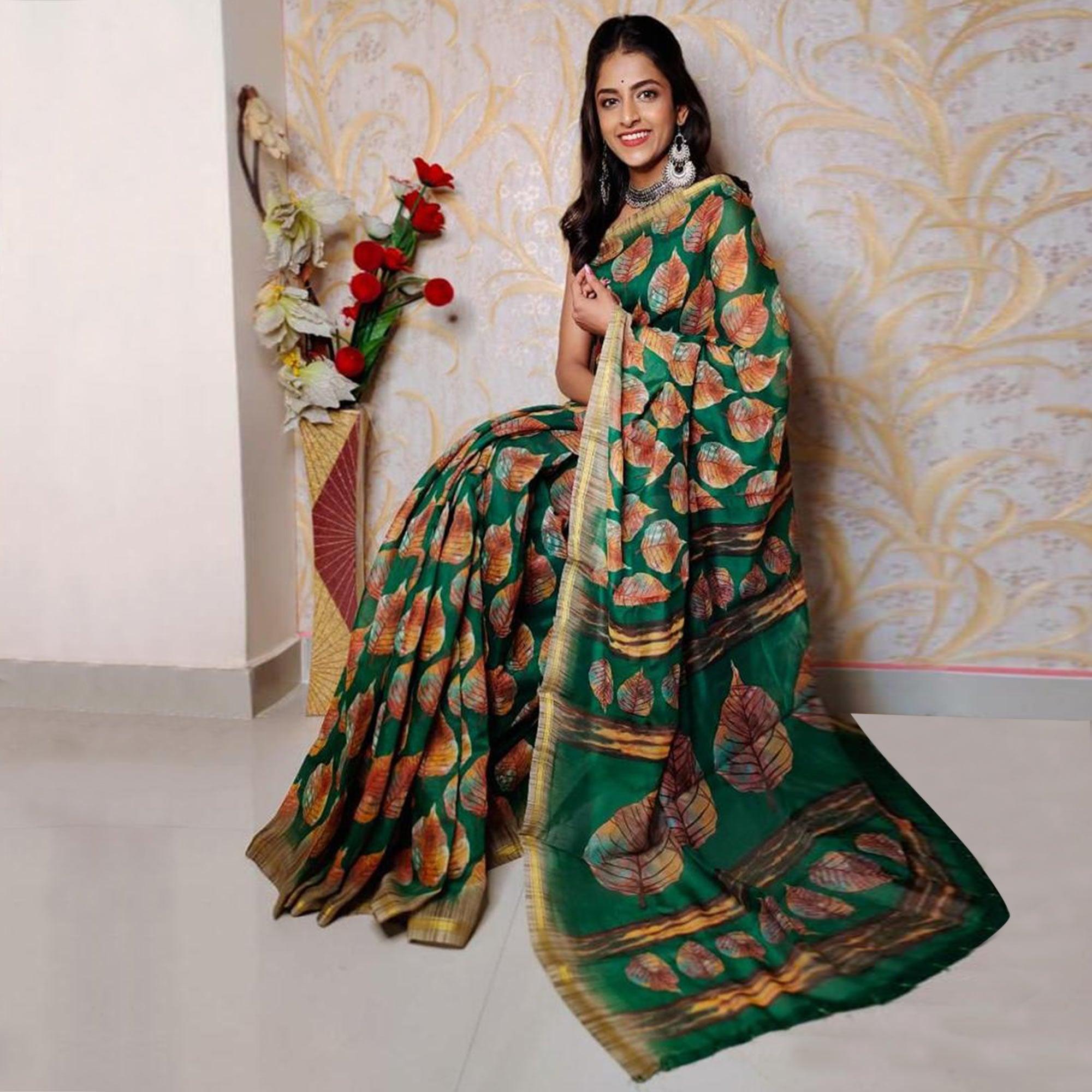 Green Casual Wear Digital Printed Chanderi Silk Saree - Peachmode