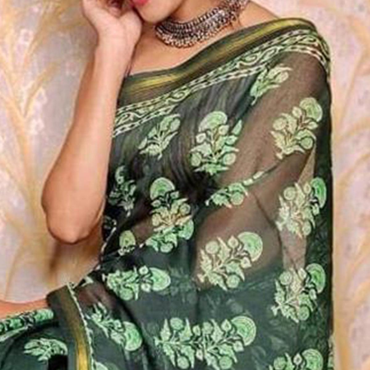 Green Casual Wear Digital Printed Chanderi Silk Saree - Peachmode