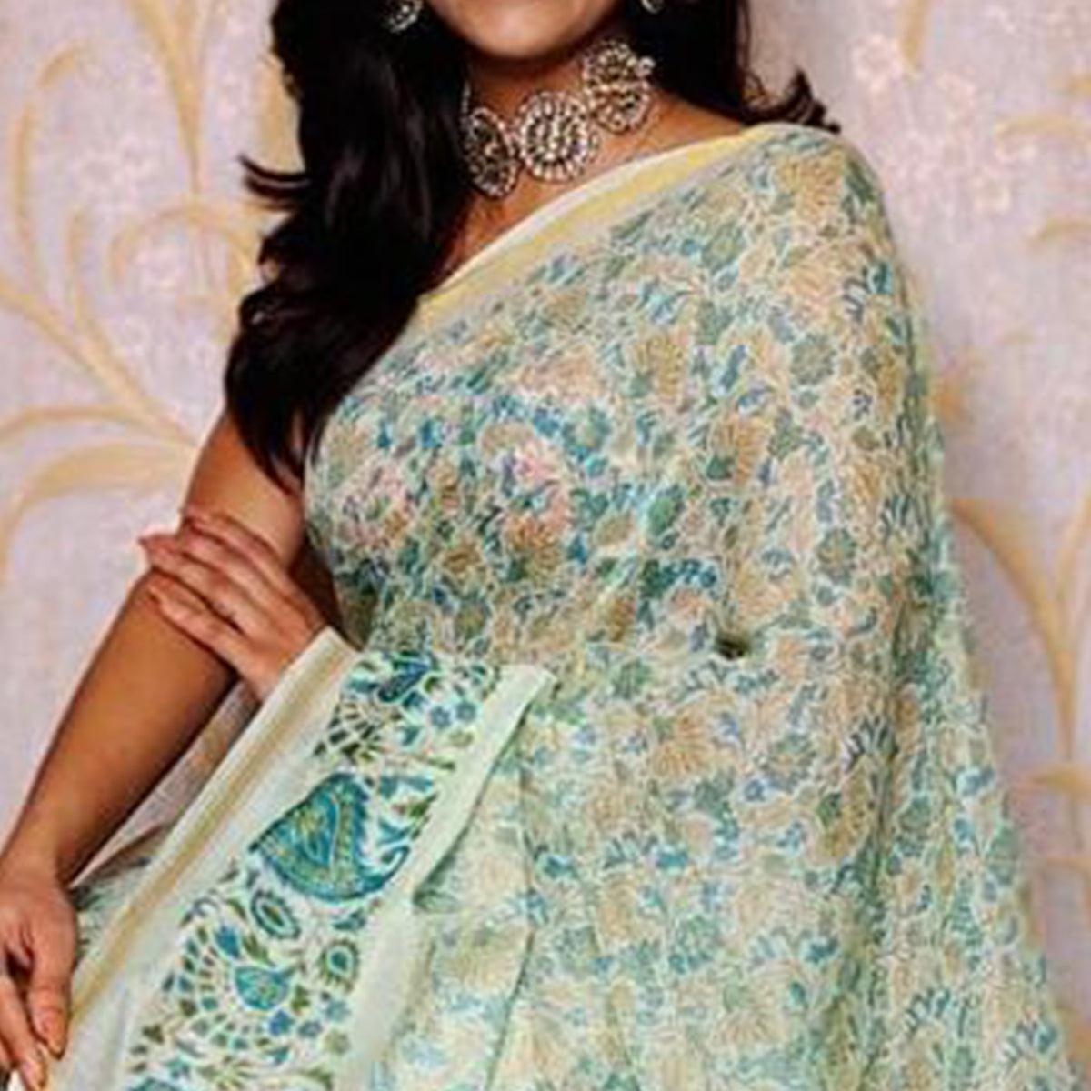 Green Casual Wear Digital Printed Chanderi Silk Saree - Peachmode