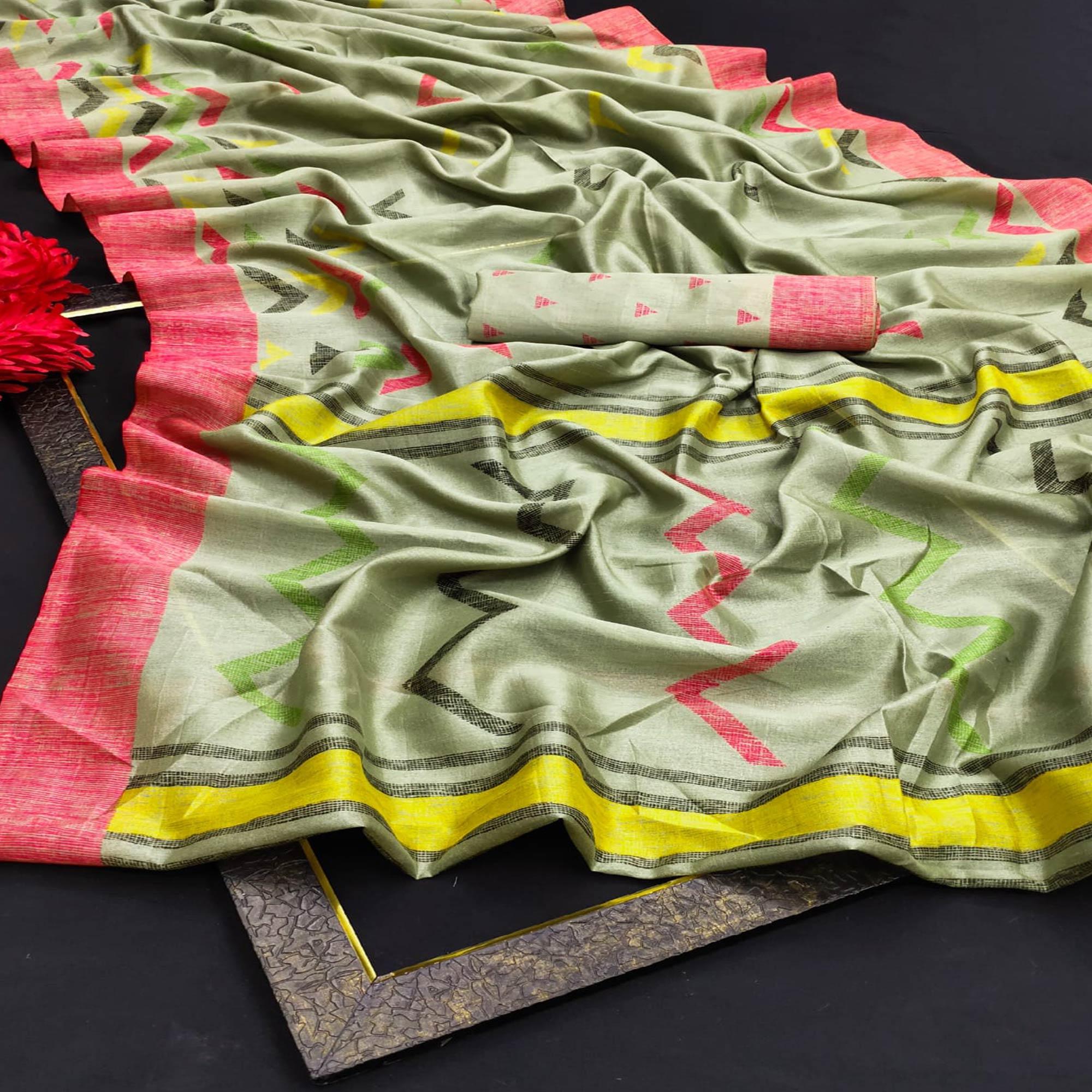 Green Casual Wear Digital Printed Cotton Saree - Peachmode