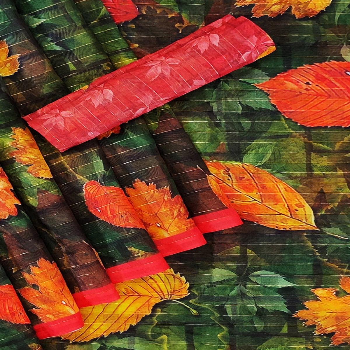 Green Casual Wear Digital Printed Cotton Silk Saree - Peachmode