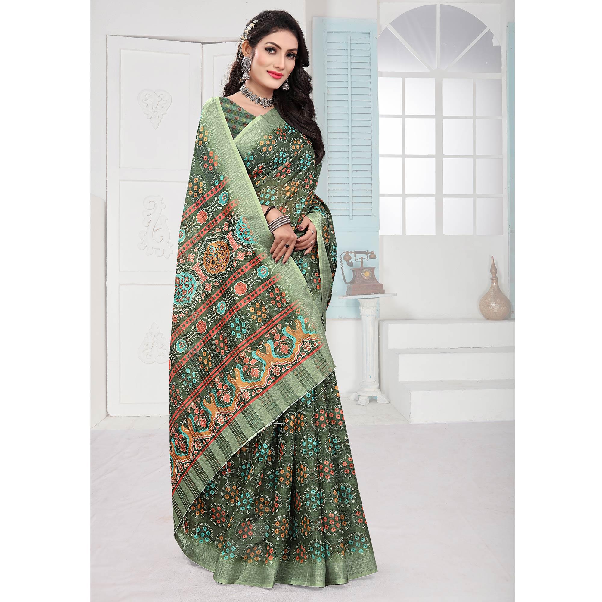 Green Casual Wear Digital Printed Cotton Silk Saree - Peachmode