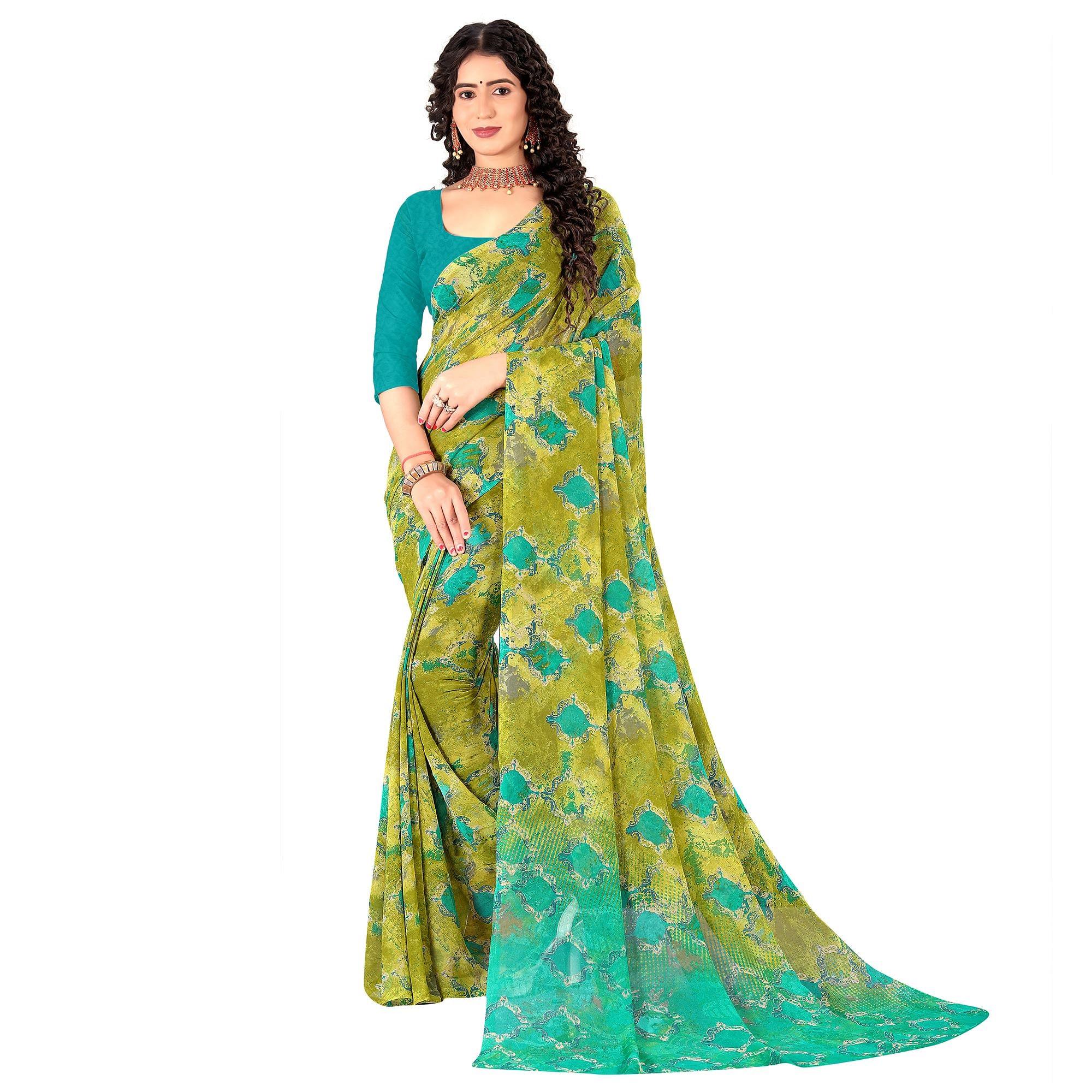 Green Casual Wear Digital Printed Georgette Saree - Peachmode