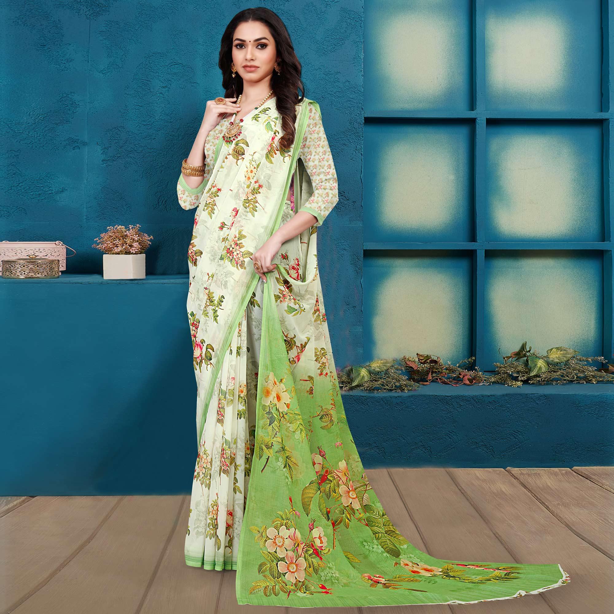 Green Casual Wear Digital Printed Georgette Saree - Peachmode