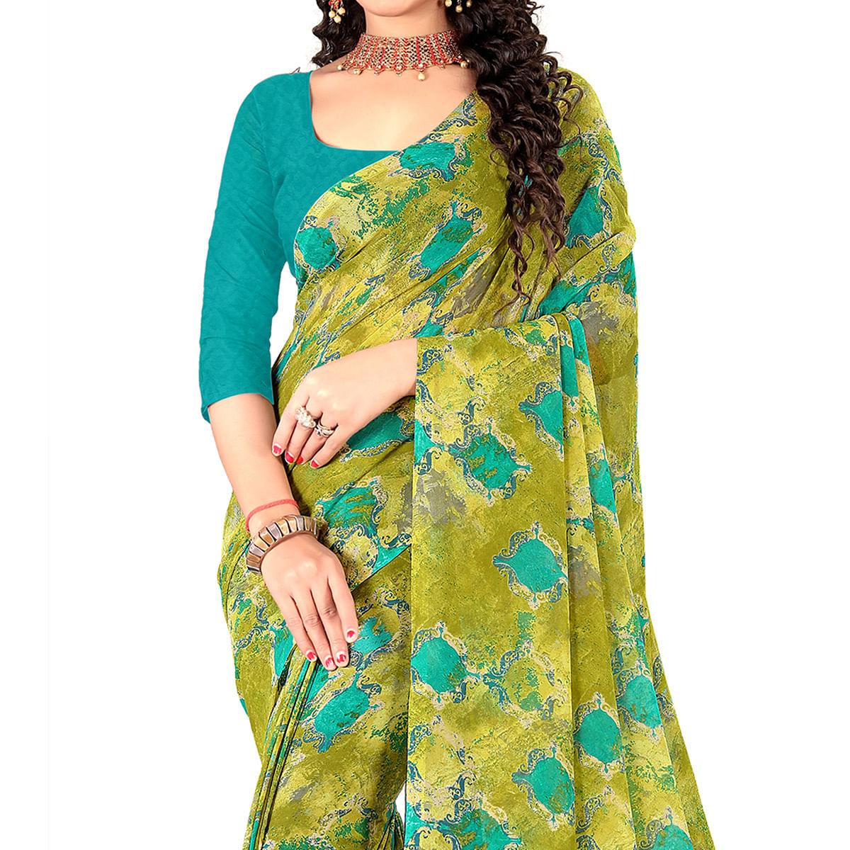 Green Casual Wear Digital Printed Georgette Saree - Peachmode