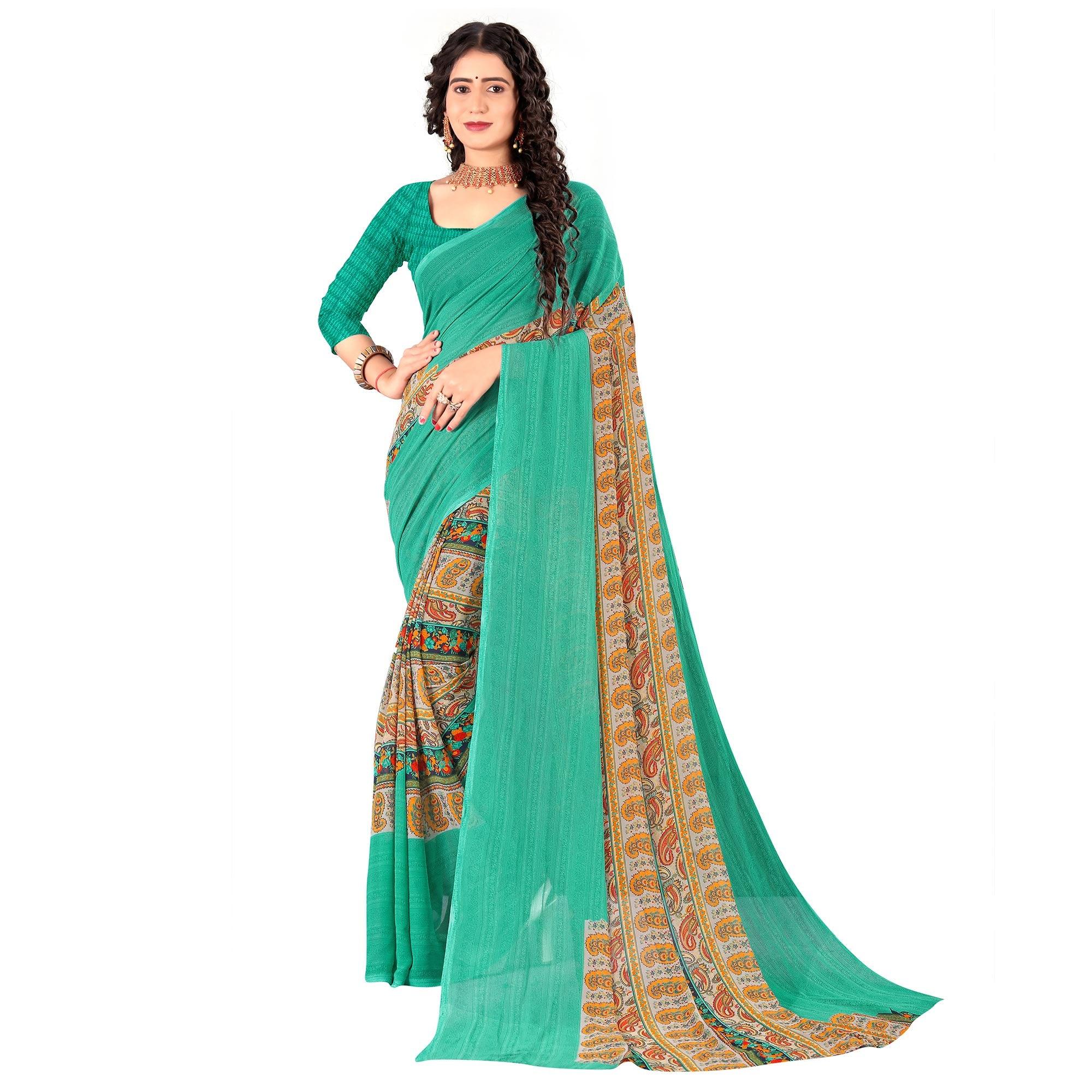 Green Casual Wear Digital Printed Heavy Georgette Saree - Peachmode