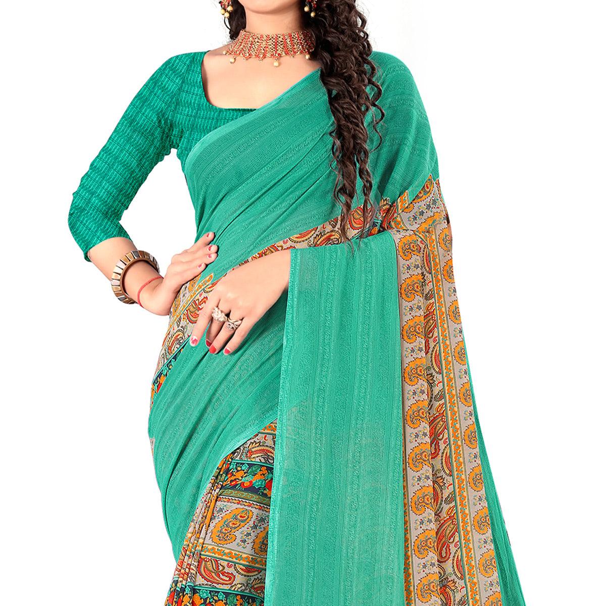 Green Casual Wear Digital Printed Heavy Georgette Saree - Peachmode