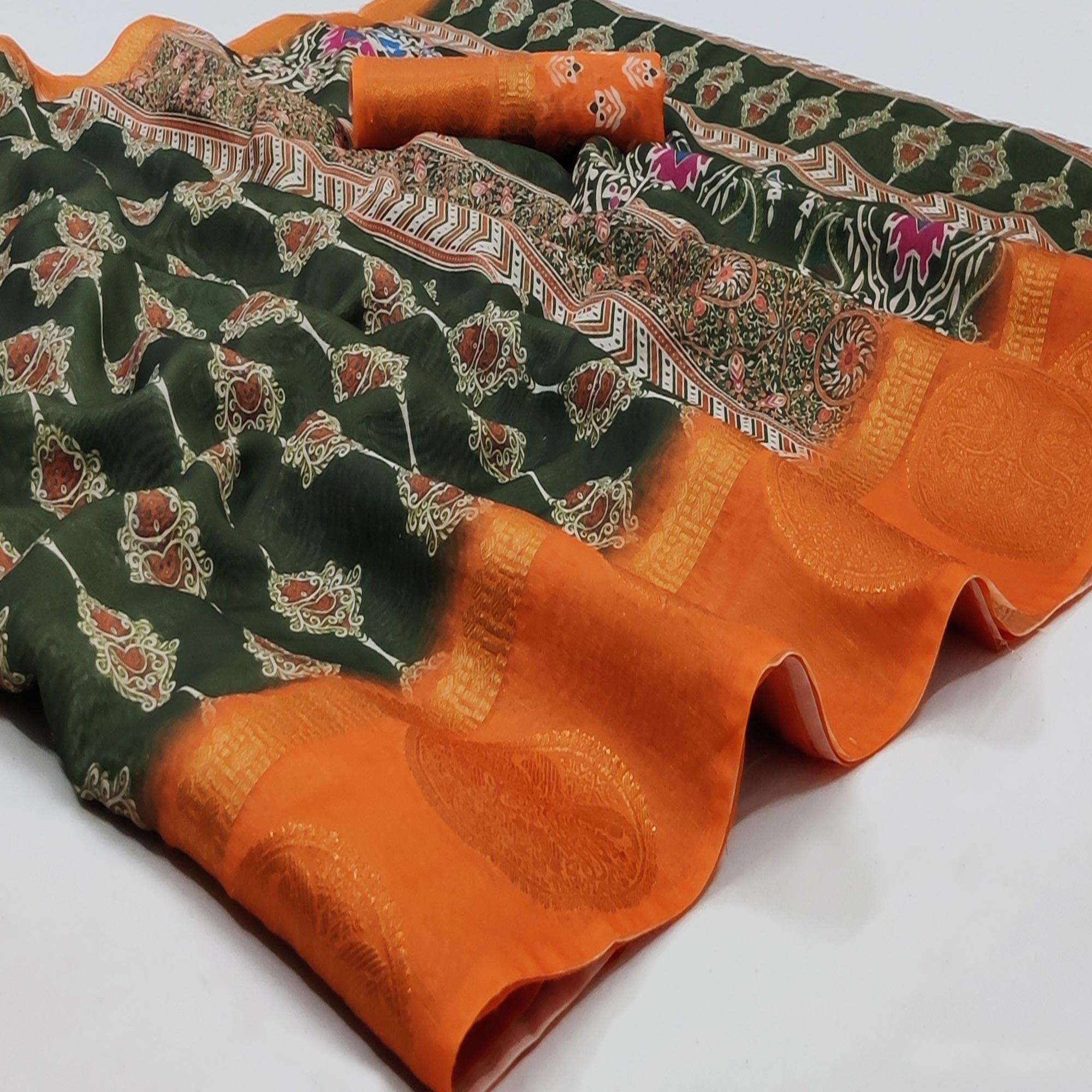 Green Casual Wear Digital Printed Linen Saree Woven Border - Peachmode
