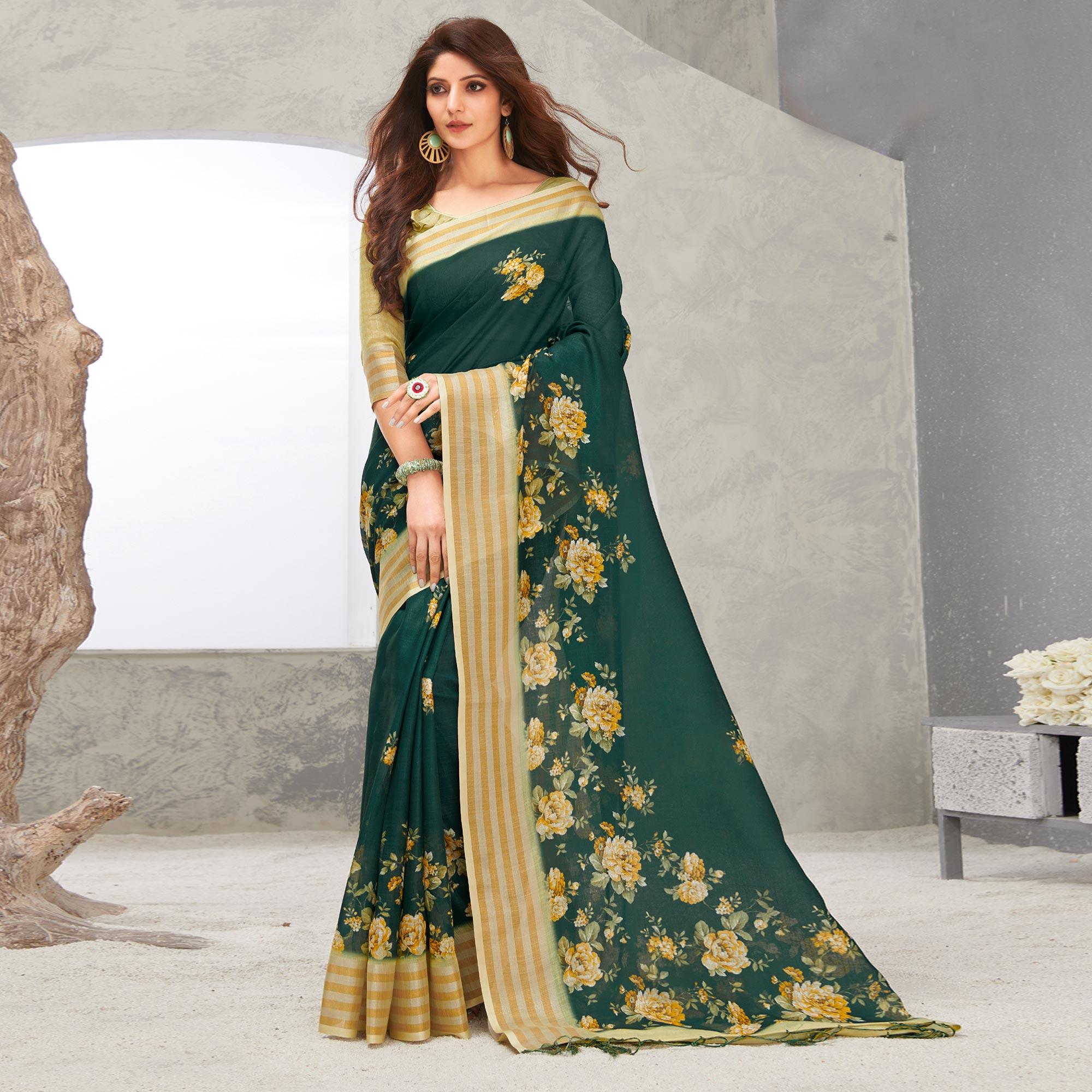 Green Casual Wear Digital Printed Pure Linen Saree - Peachmode