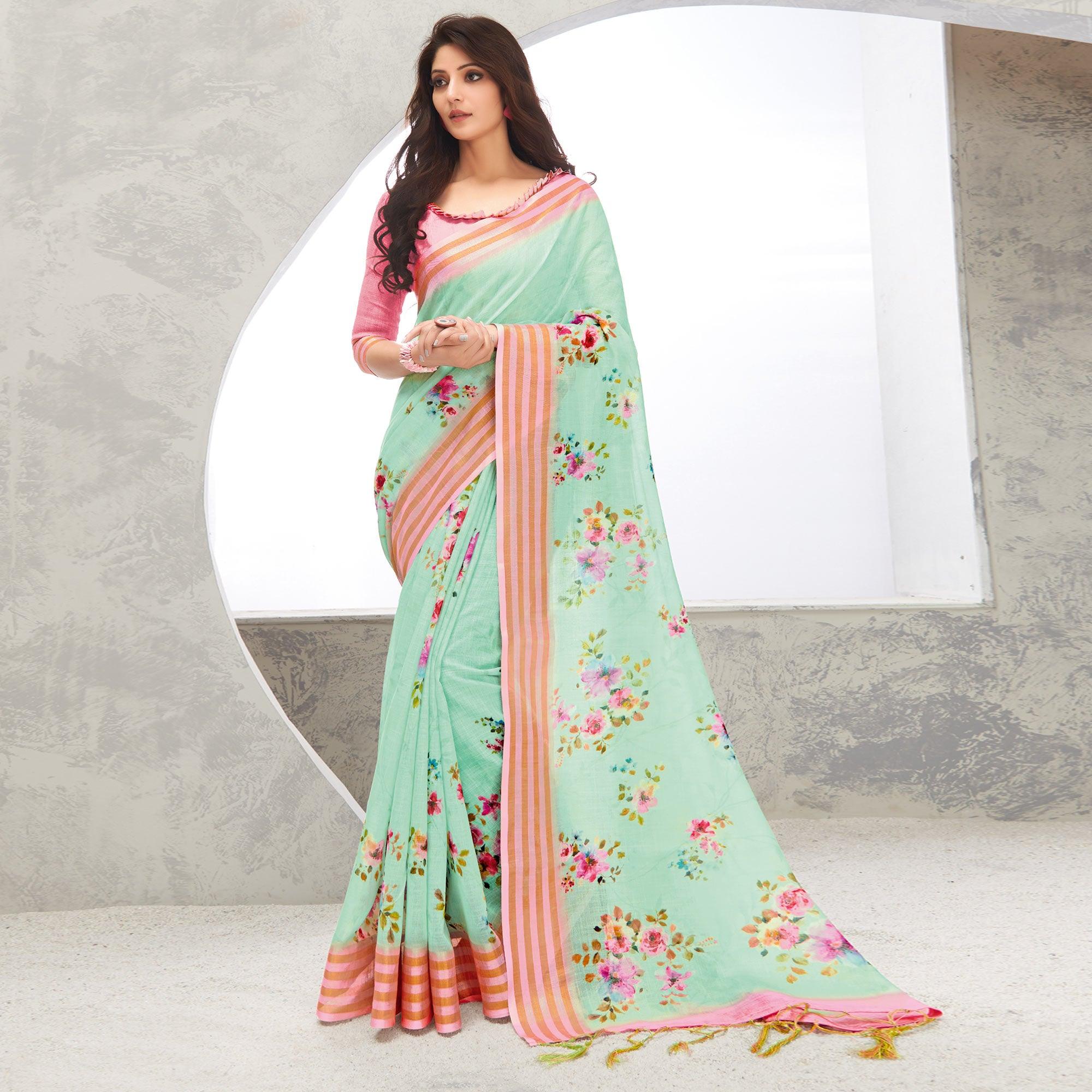 Green Casual Wear Digital Printed Pure Linen Saree - Peachmode