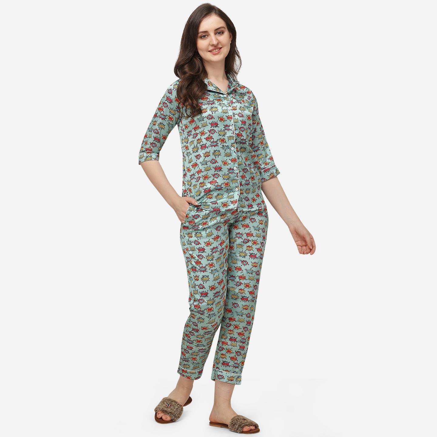 Green Casual Wear Digital Printed Satin Night Suit - Peachmode