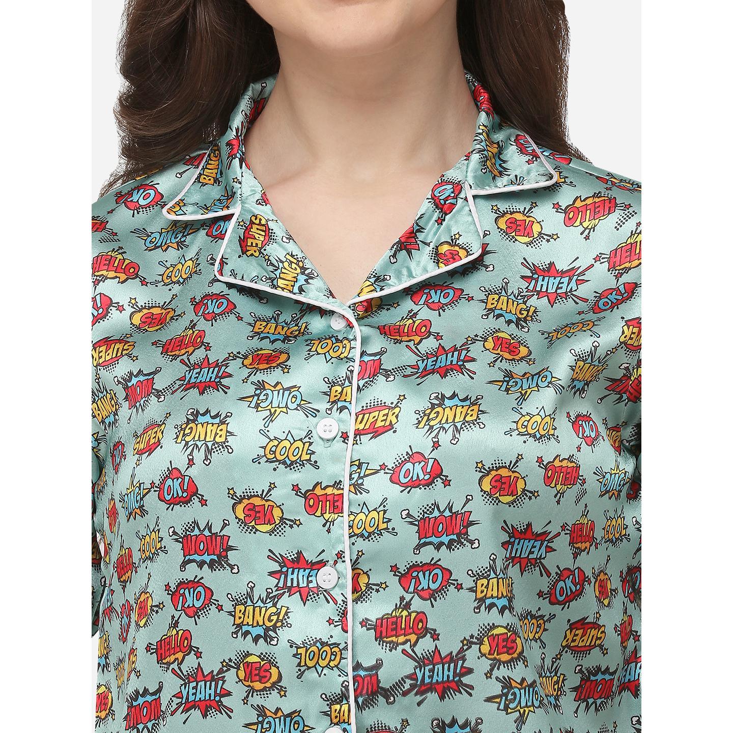 Green Casual Wear Digital Printed Satin Night Suit - Peachmode