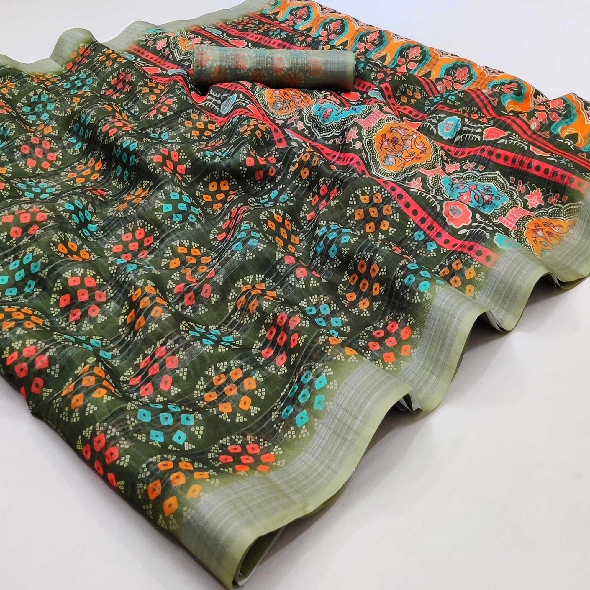 Green Casual Wear Digital Printed Silk Saree With Jacquard Border - Peachmode