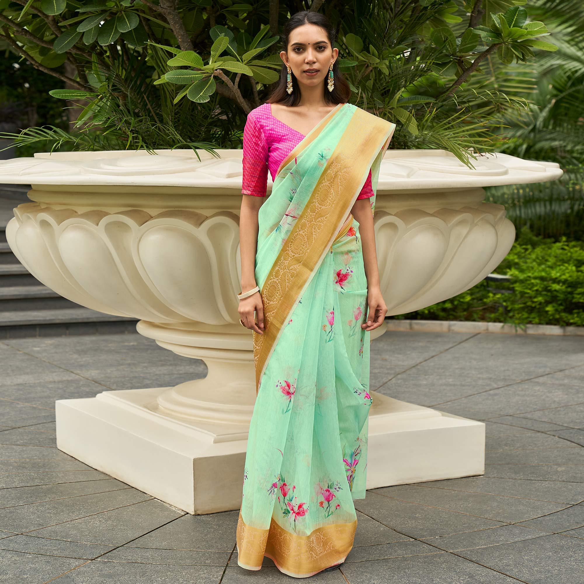 Green Casual Wear Digital Printed Soft Organza Saree - Peachmode