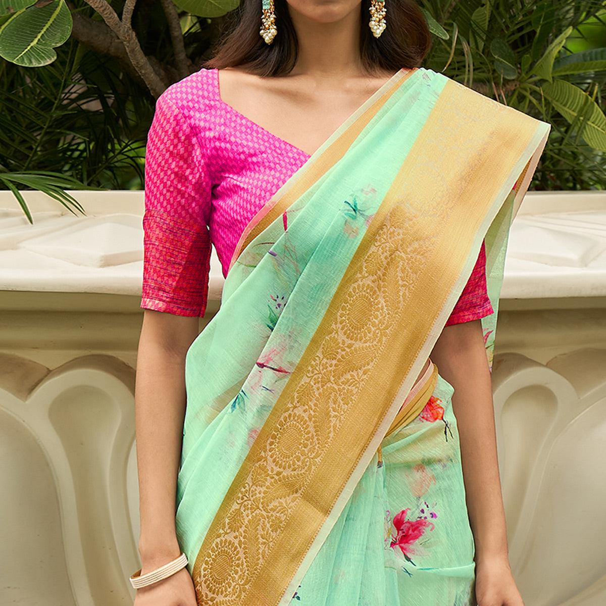 Green Casual Wear Digital Printed Soft Organza Saree - Peachmode