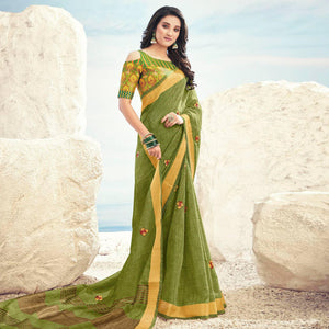 Green Casual Wear Embroidered & Zari Pallu Linen Cotton Saree - Peachmode