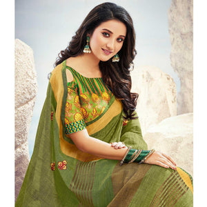 Green Casual Wear Embroidered & Zari Pallu Linen Cotton Saree - Peachmode