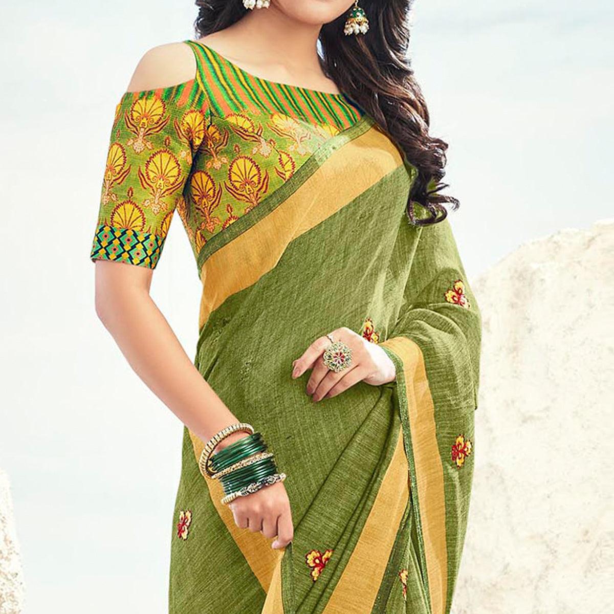 Green Casual Wear Embroidered & Zari Pallu Linen Cotton Saree - Peachmode