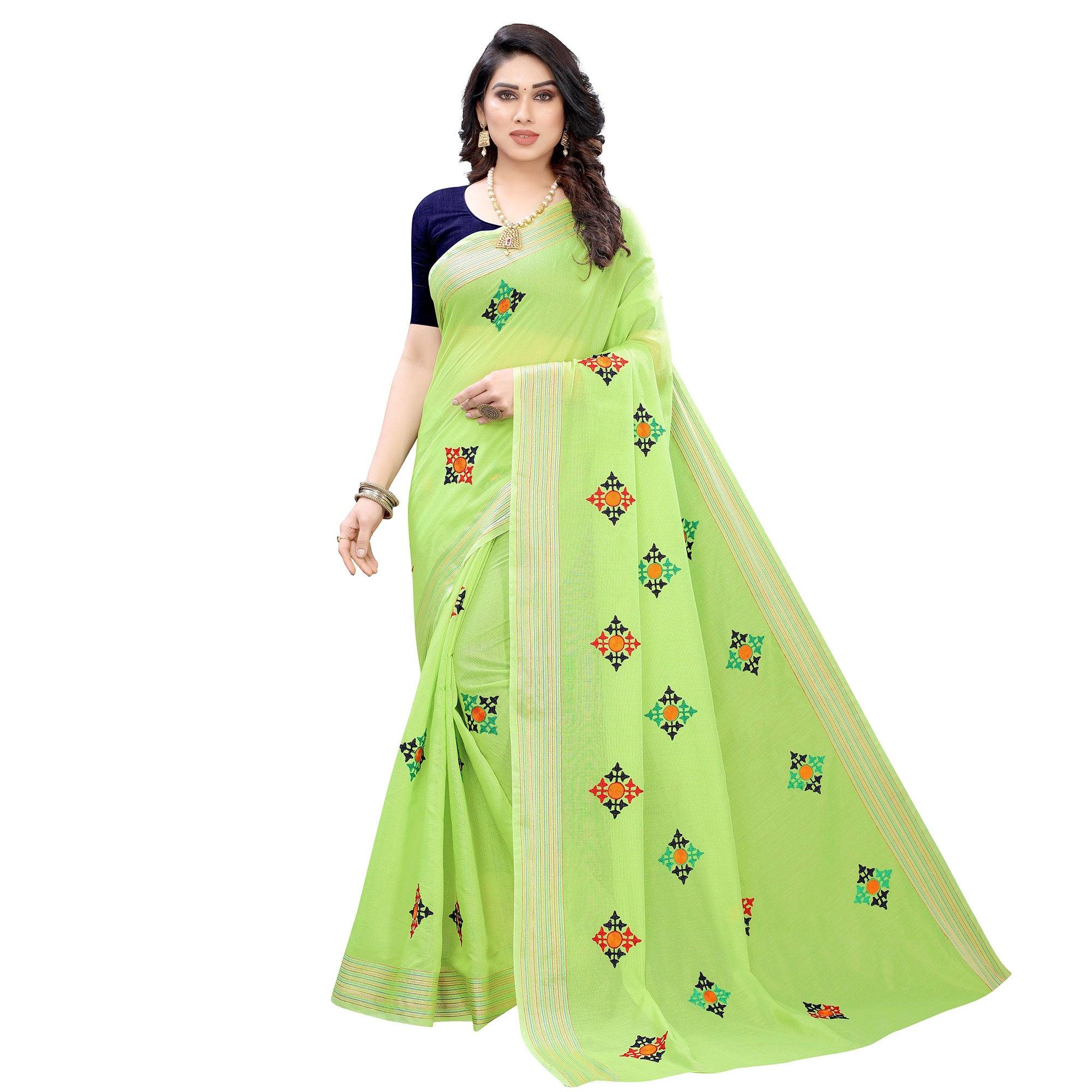Green Casual Wear Embroidered Chanderi Silk Saree - Peachmode