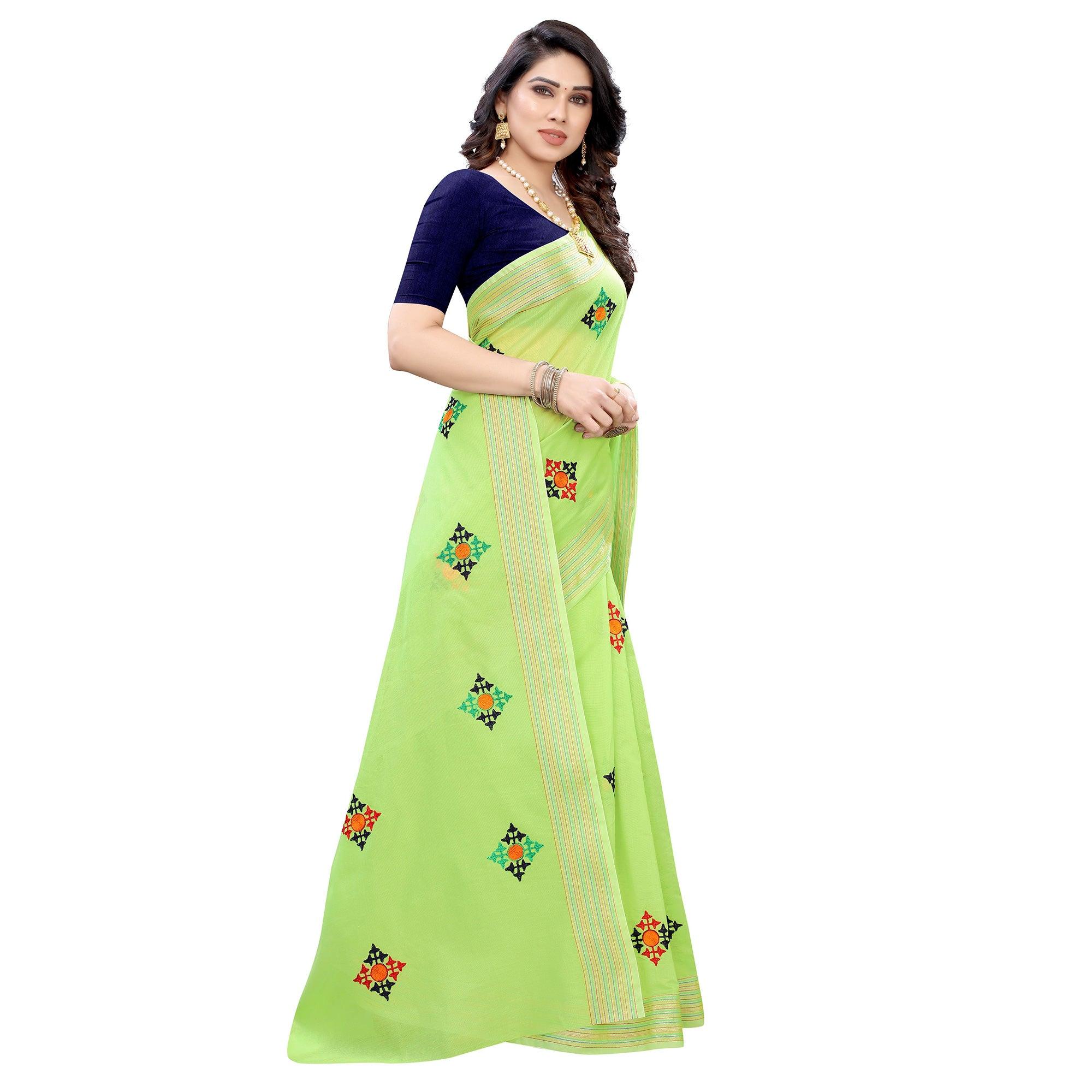 Green Casual Wear Embroidered Chanderi Silk Saree - Peachmode
