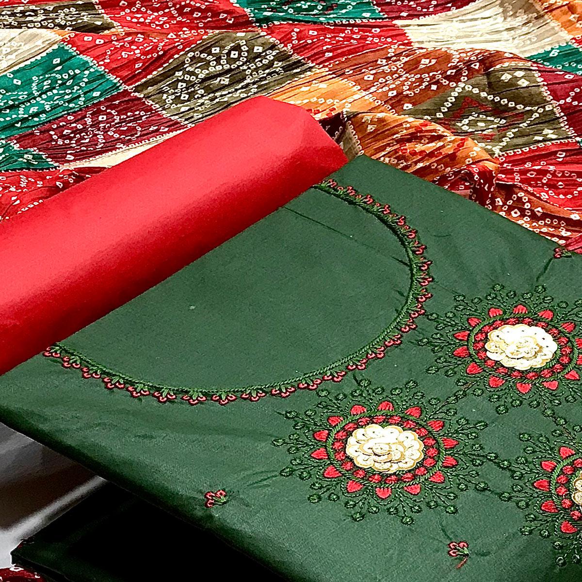 Green Casual Wear Embroidered Cotton Dress Material - Peachmode