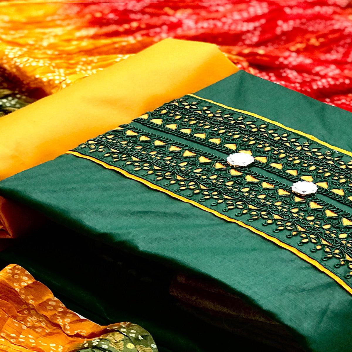 Green Casual Wear Embroidered Cotton Dress Material - Peachmode