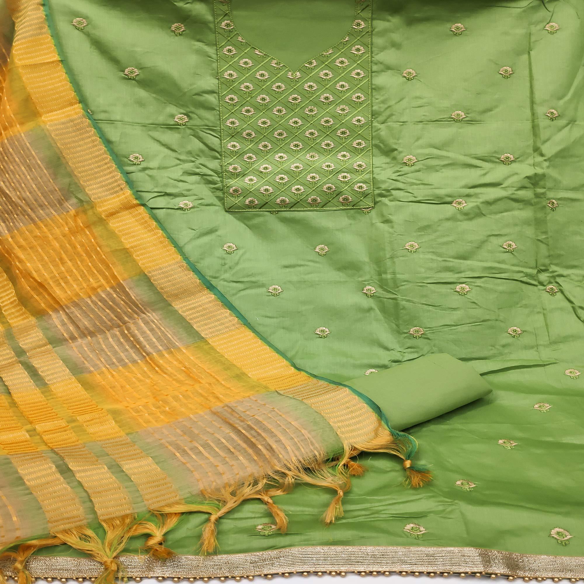 Green Casual Wear Embroidered Cotton Dress Material - Peachmode