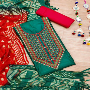 Green Casual Wear Embroidered Cotton Dress Material - Peachmode