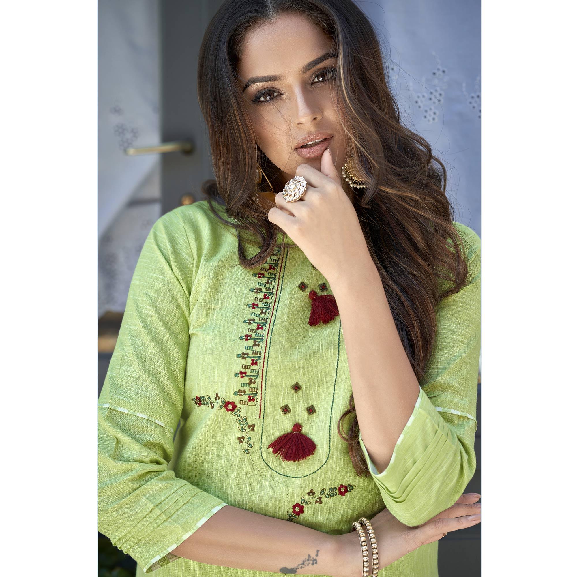Green Casual Wear Embroidered Cotton Kurti - Pant Set - Peachmode