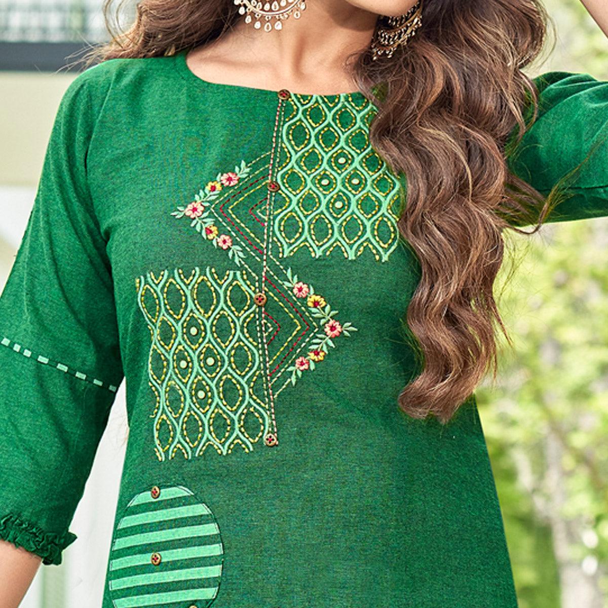Green Casual Wear Embroidered Cotton Kurti Pant Set - Peachmode