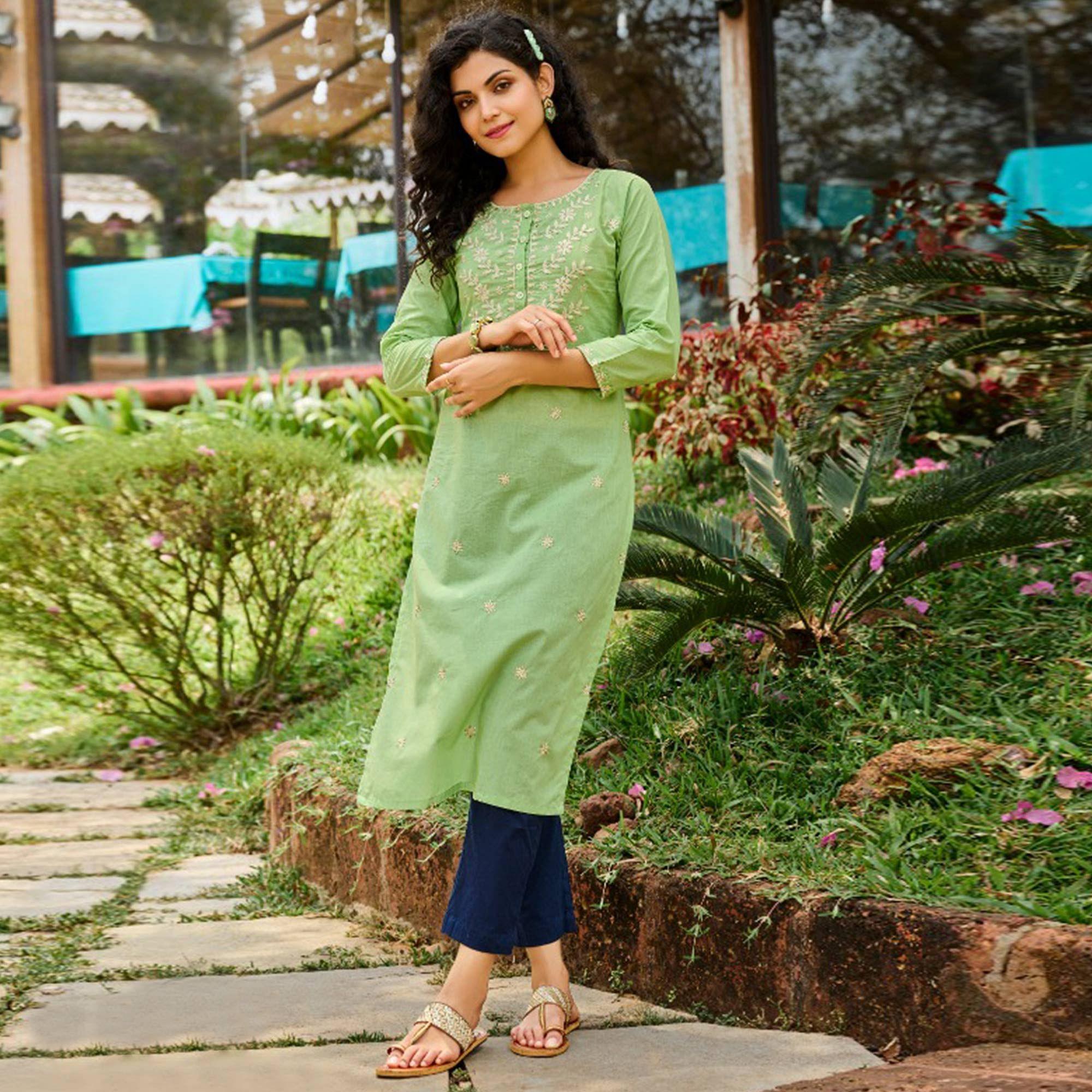 Green Casual Wear Embroidered Cotton Kurti - Peachmode