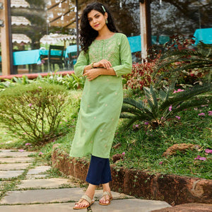 Green Casual Wear Embroidered Cotton Kurti - Peachmode