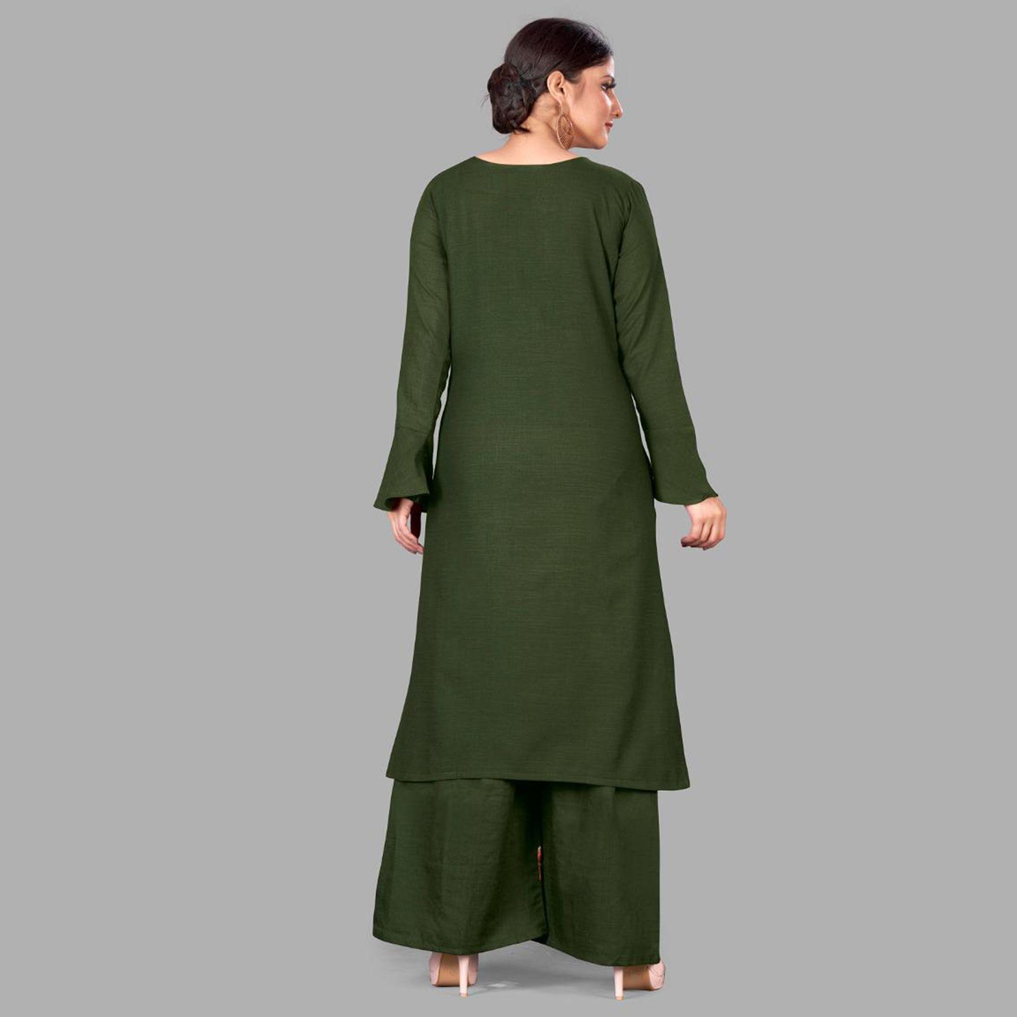 Green Casual Wear Embroidered Cotton Palazzo Suit - Peachmode