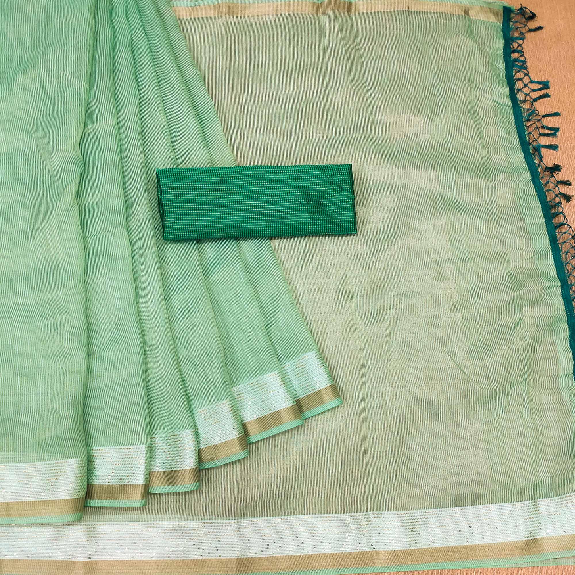 Green Casual Wear Embroidered Cotton Saree With Tassels - Peachmode