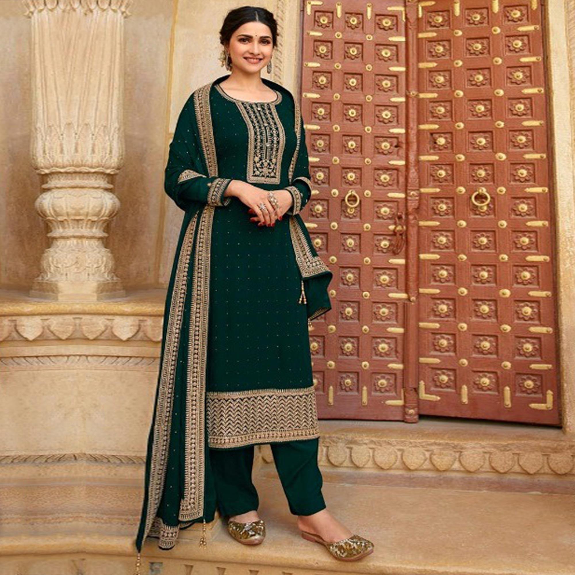 Green Casual Wear Embroidered Faux Georgette Salwar Suit - Peachmode