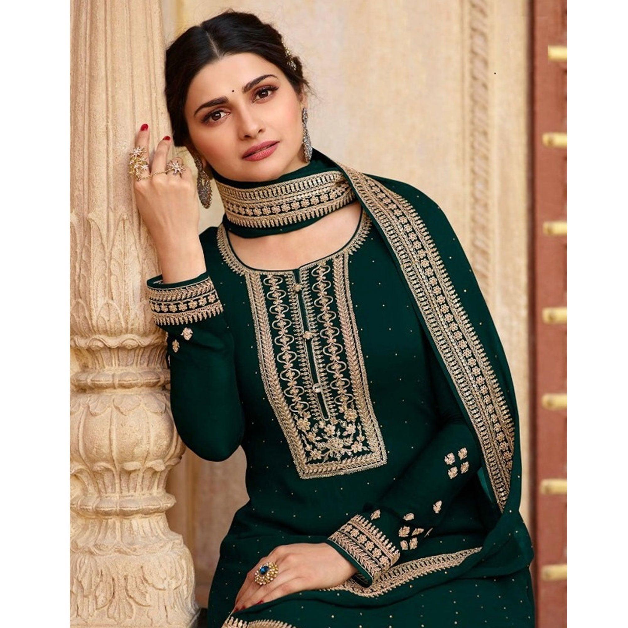 Green Casual Wear Embroidered Faux Georgette Salwar Suit - Peachmode
