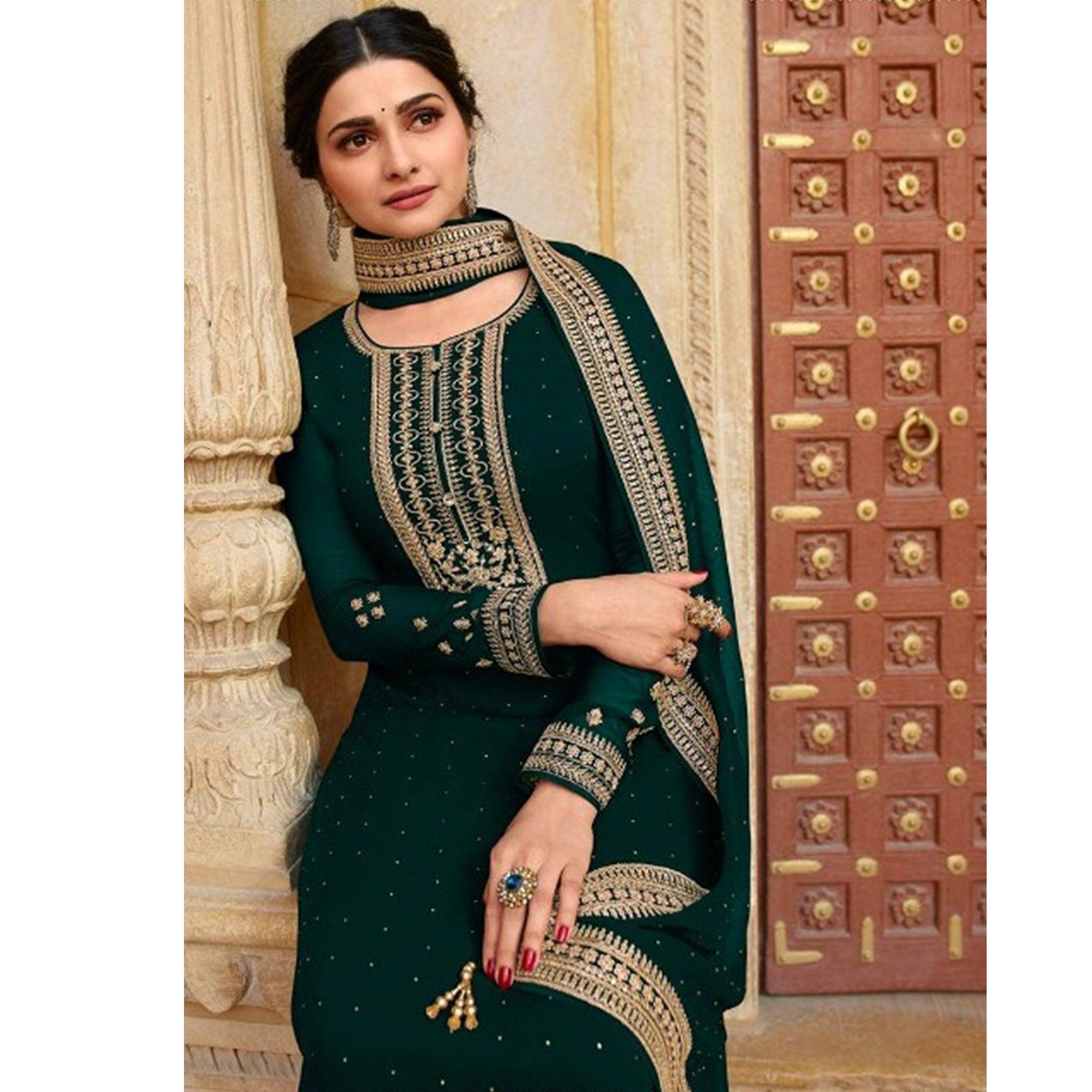 Green Casual Wear Embroidered Faux Georgette Salwar Suit - Peachmode